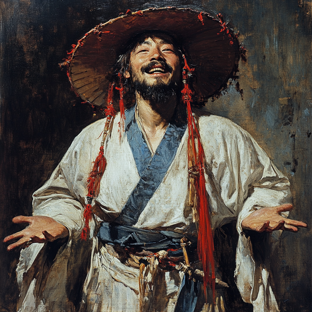 Man in traditional Chinese attire holding a ju.