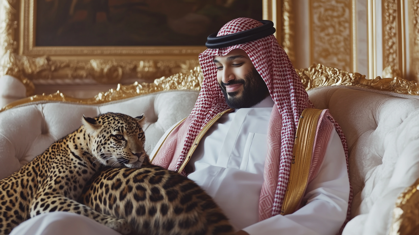 Man in traditional Saudi costume with leopard on sofa.