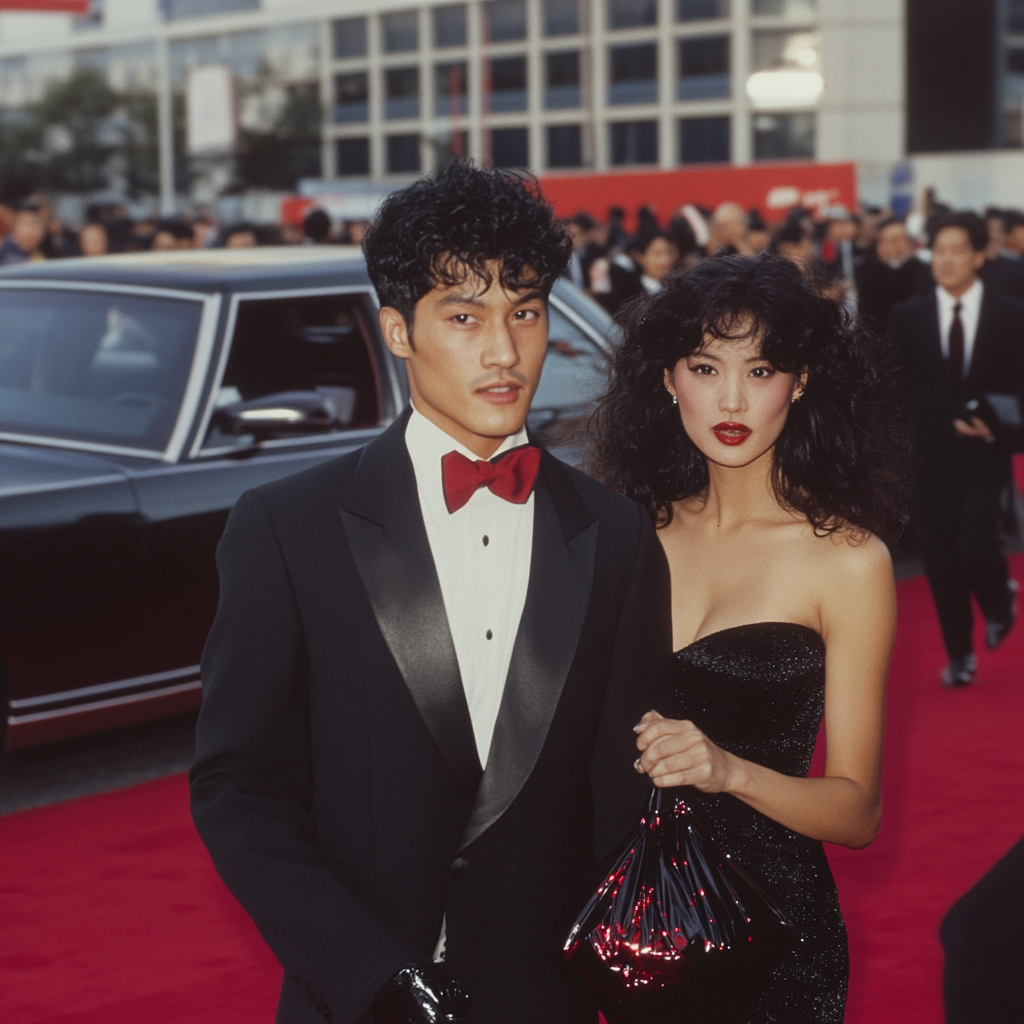 Man in tuxedo and woman in black dress on red carpet