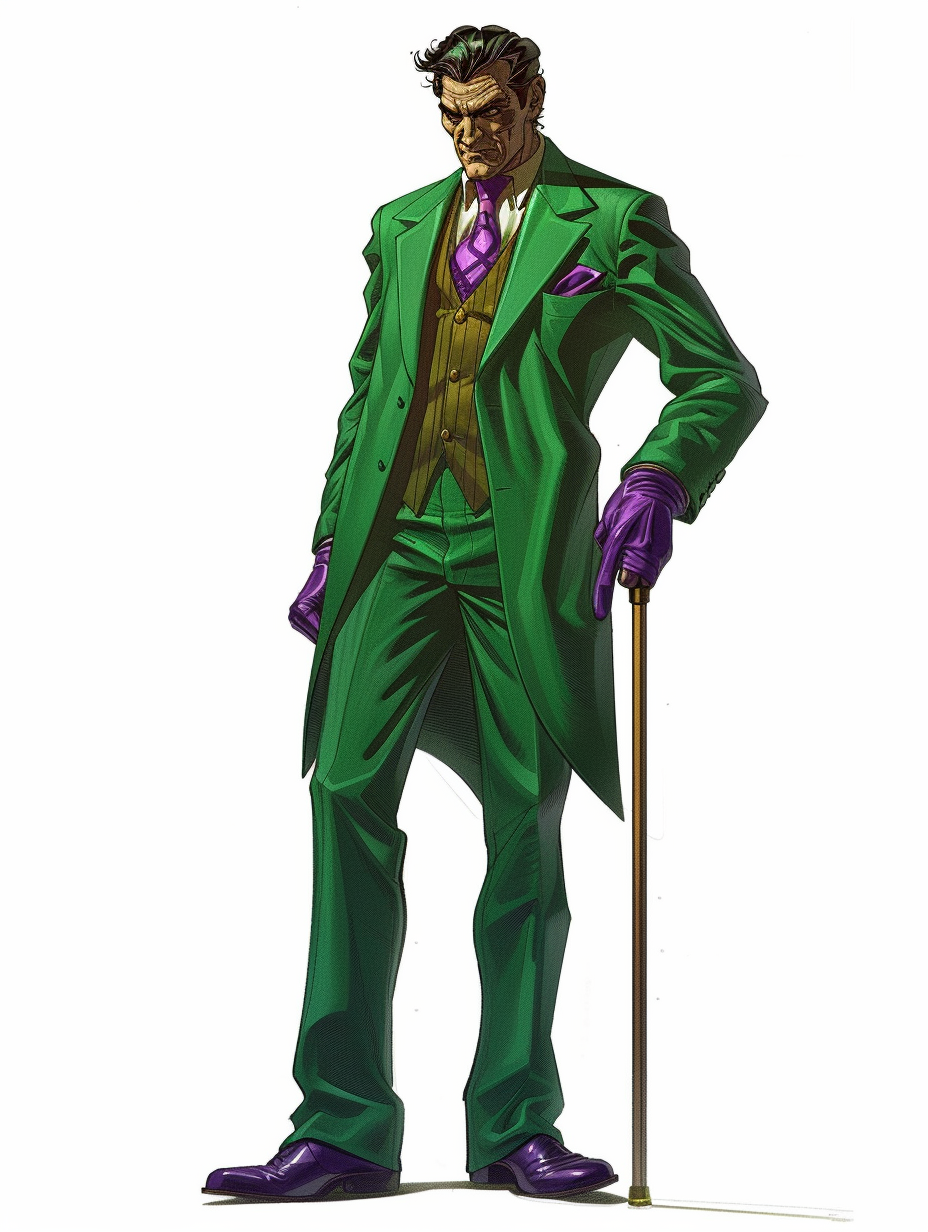 Man in unique green suit, purple accessories, question mark.