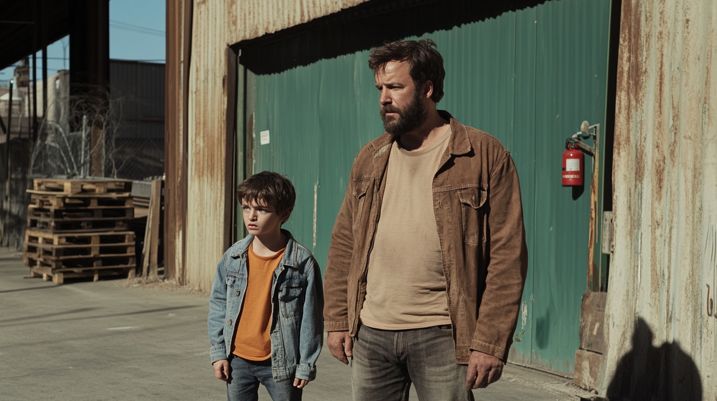 Man in warehouse with boy, tense atmosphere.