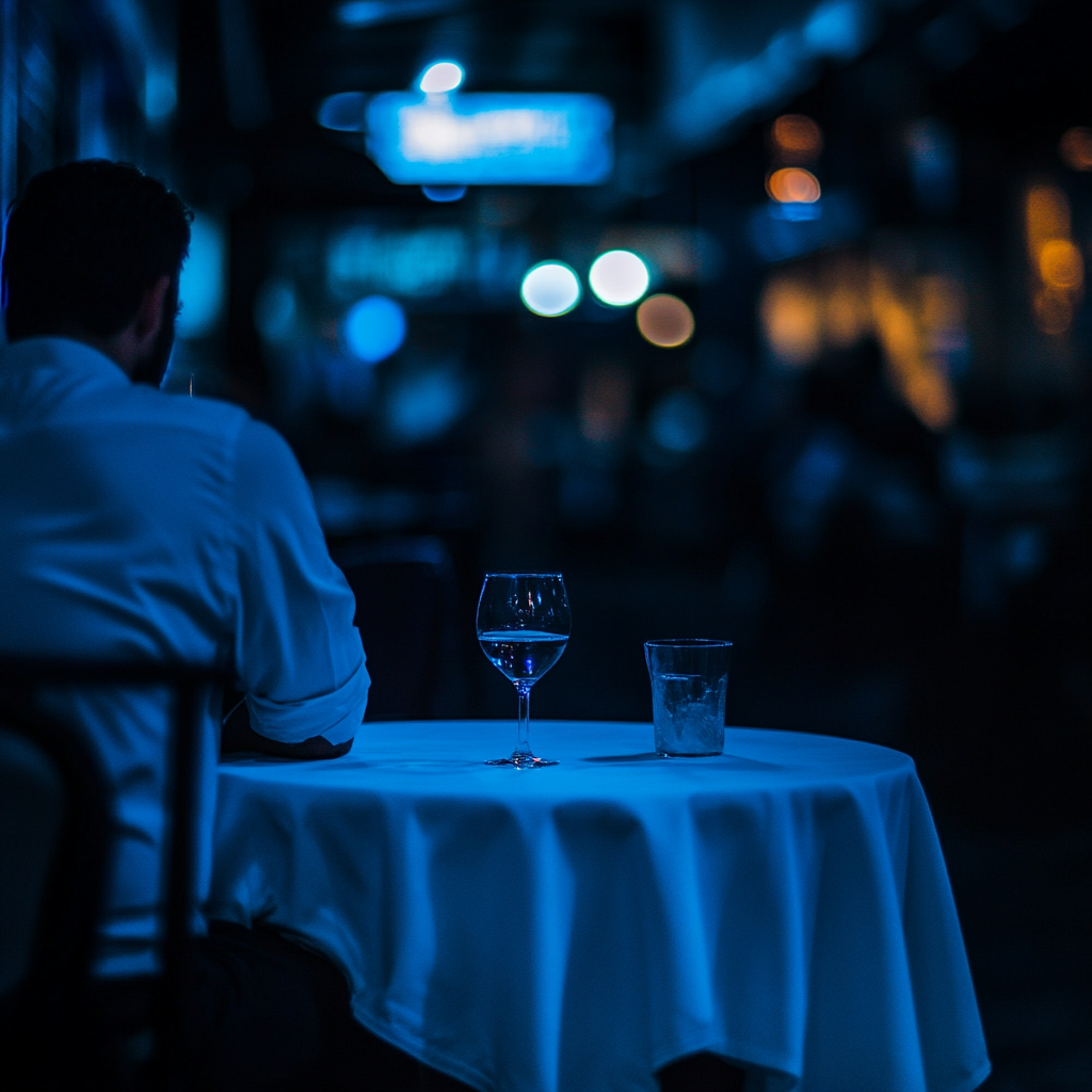 Man in white, tavern table, blue light, glass 