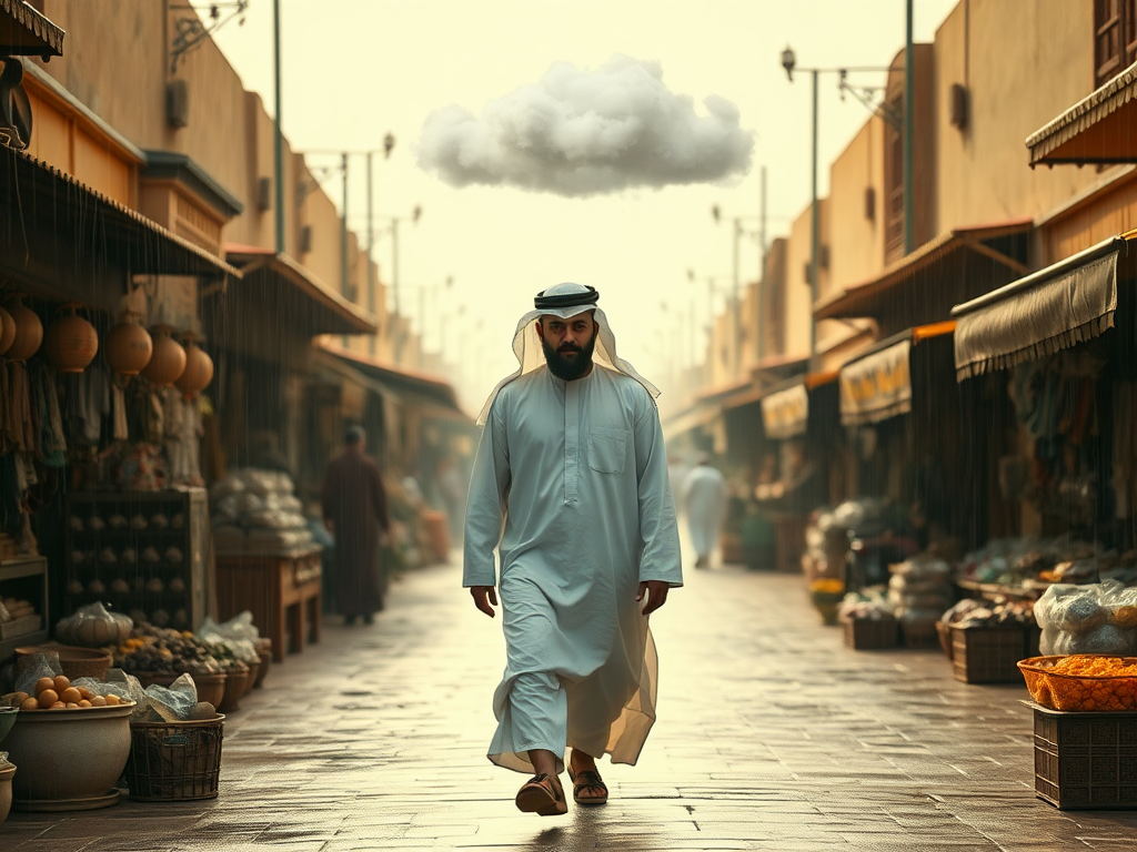 Man in white Arabic attire walks through vintage market.