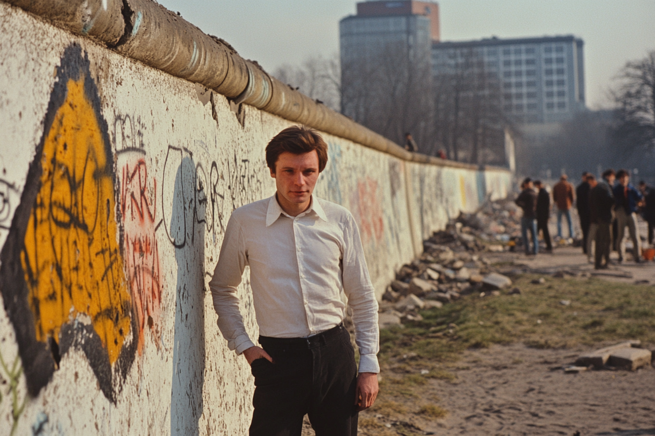 Man in white blouse stands in front of destroyed wall.