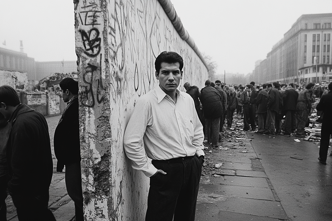 Man in white blouse stares as Berlin Wall falls.