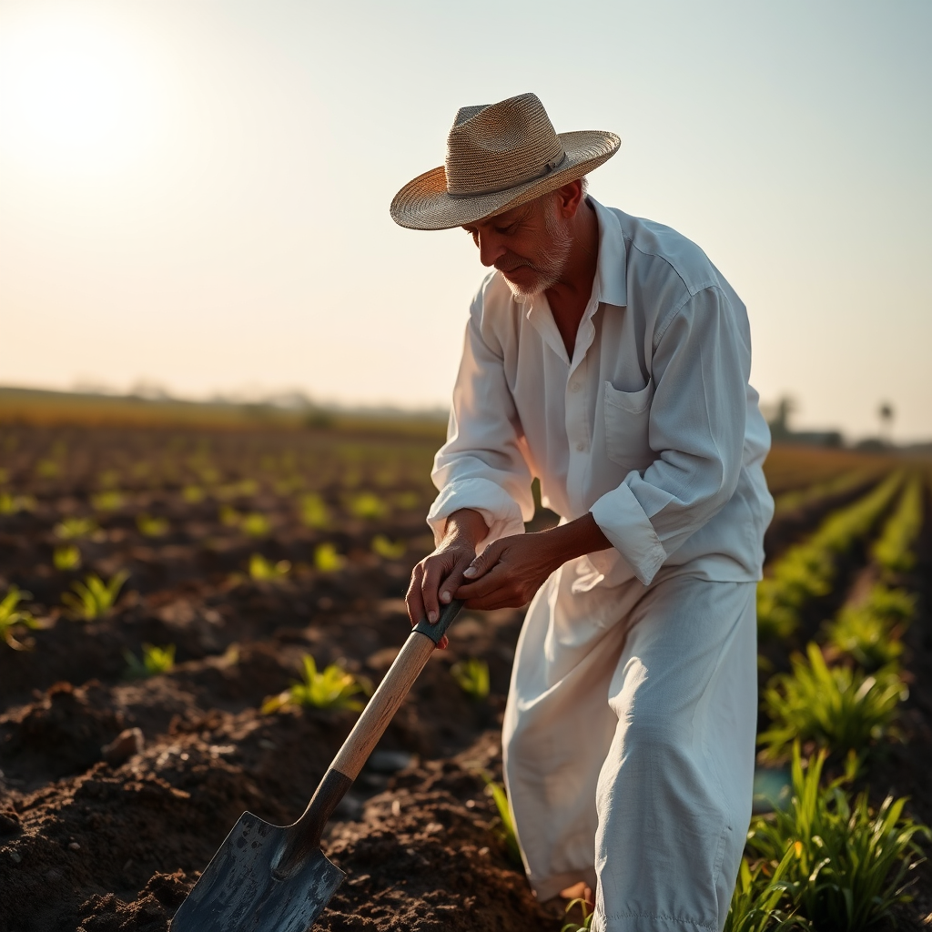 Man in white clothes working in field under sun.