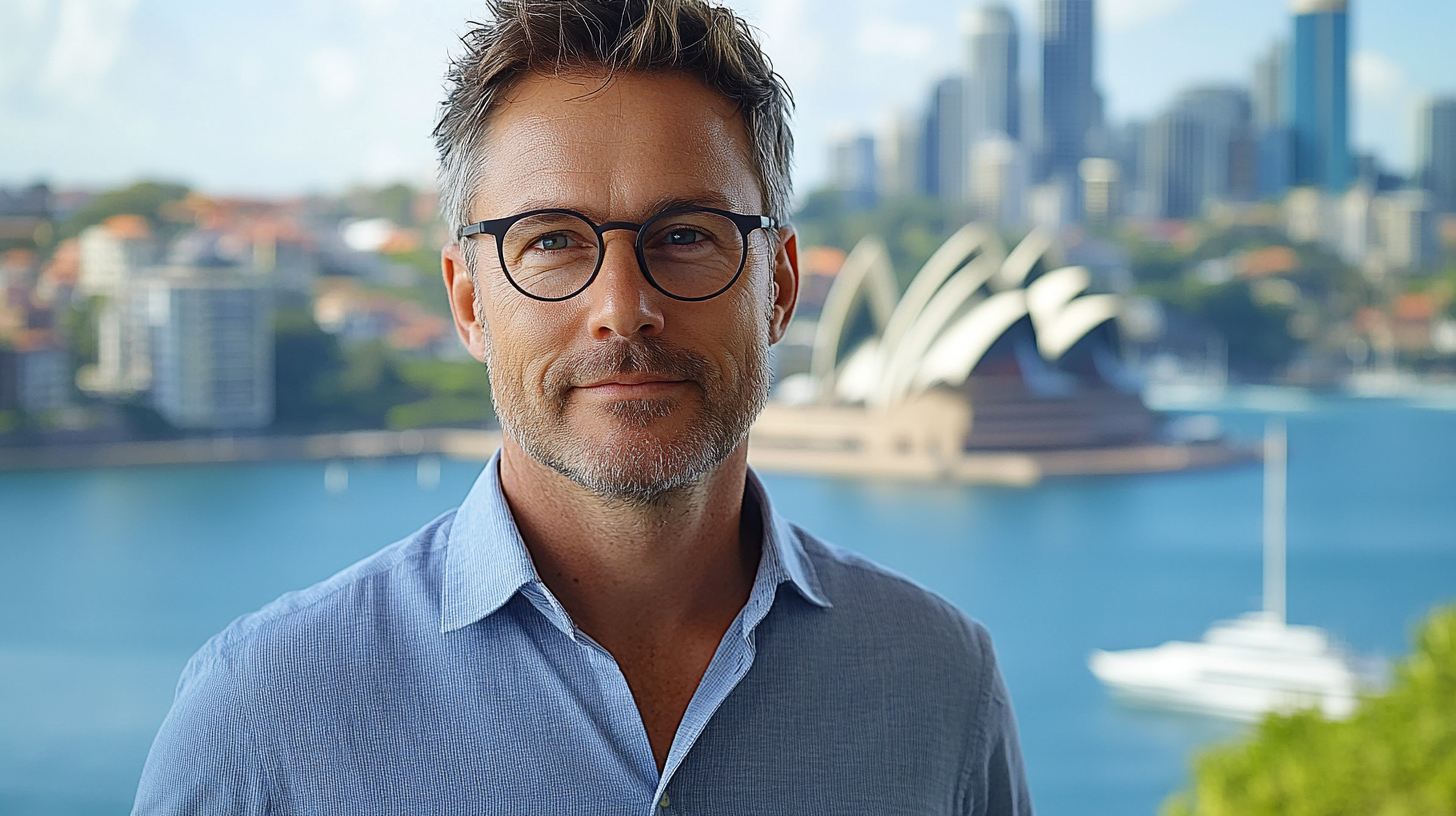 Man in white shirt, glasses, overlooking Sydney Harbour.