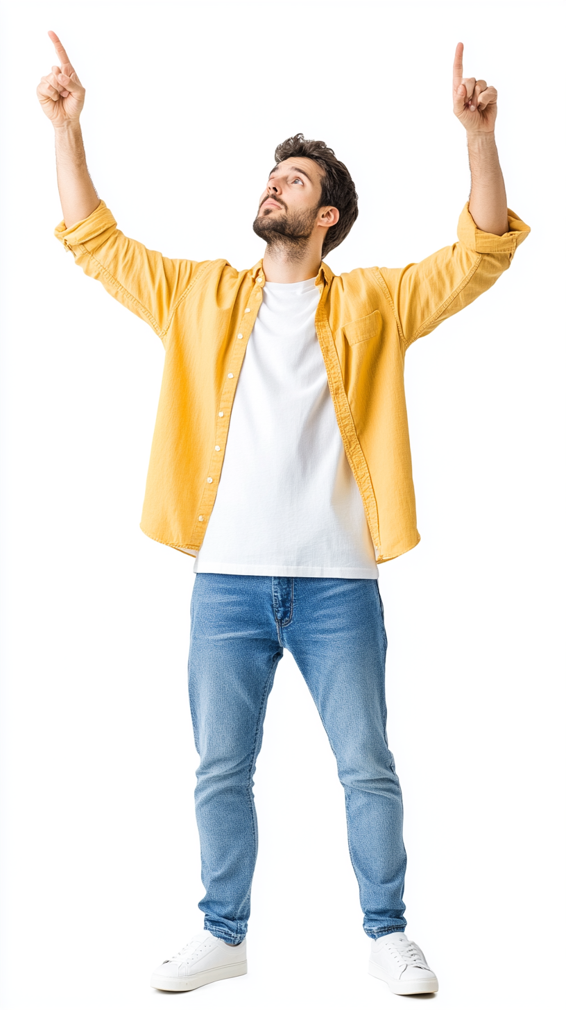 Man in white shirt points up excitedly