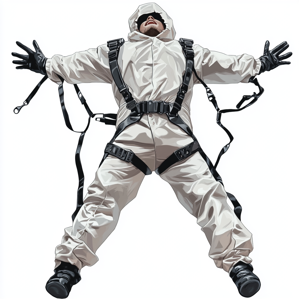 Man in white straight jacket with black straps, struggling.