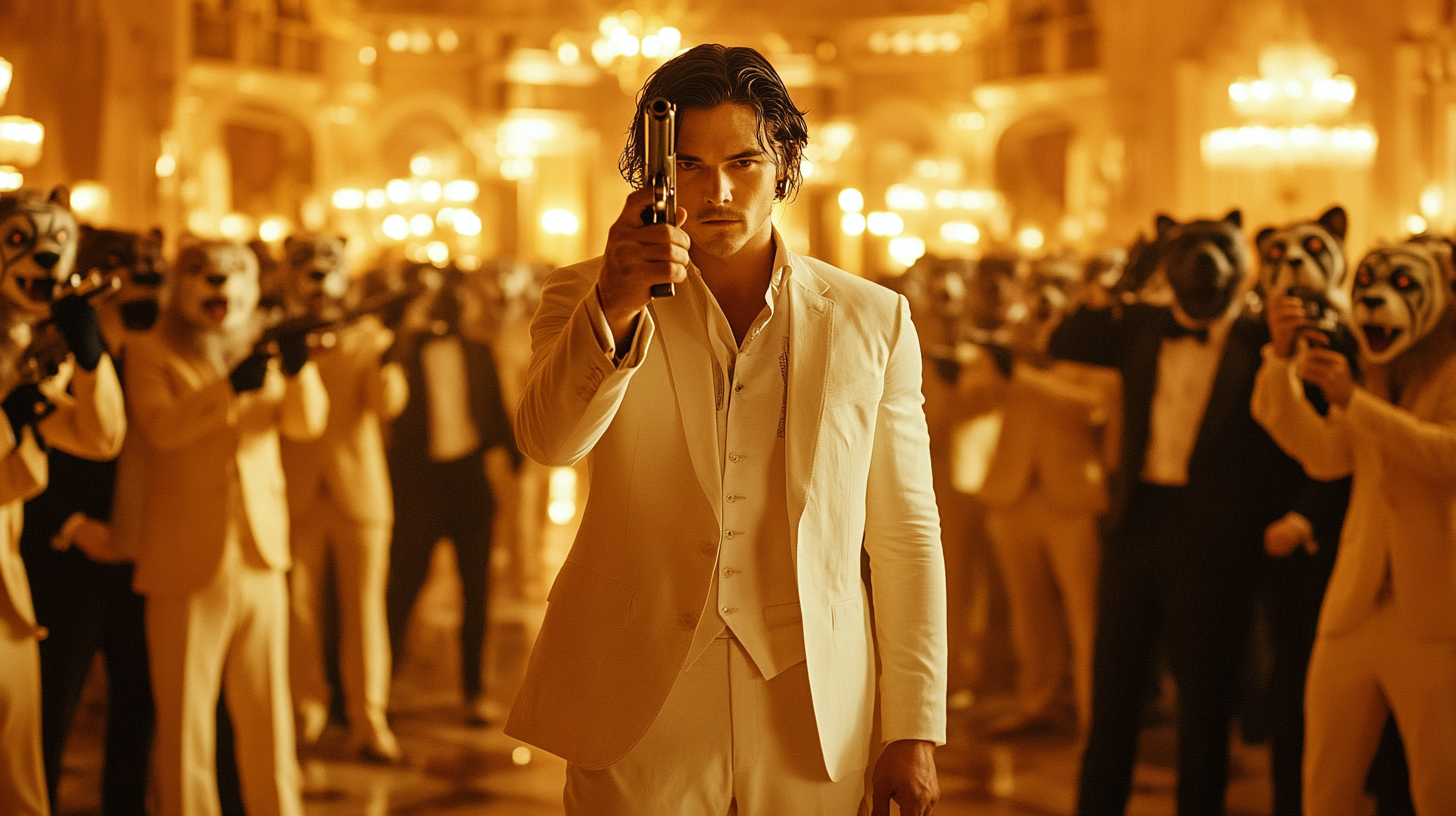 Man in white suit holds gun in ballroom