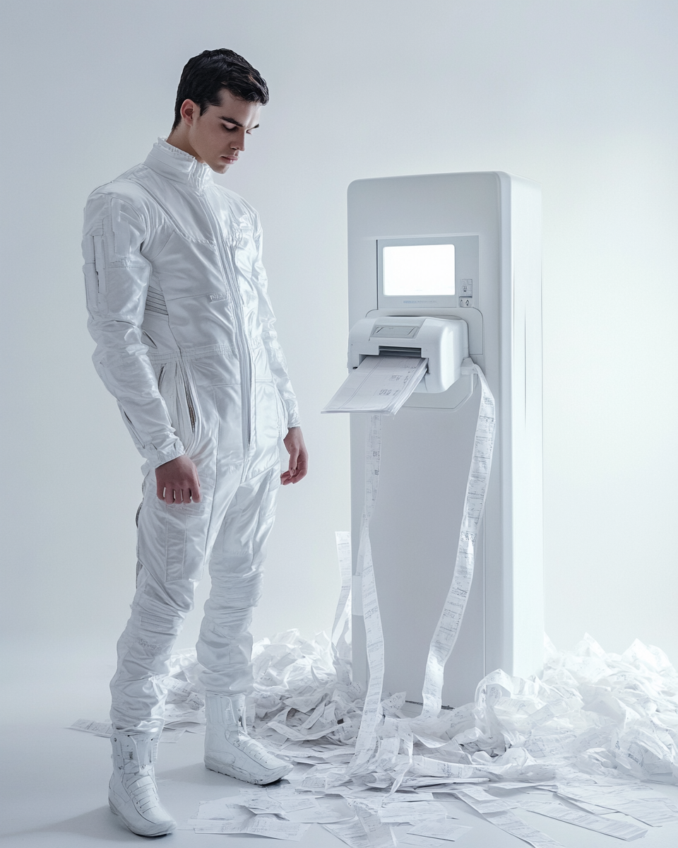 Man in white suit poses with futuristic pump