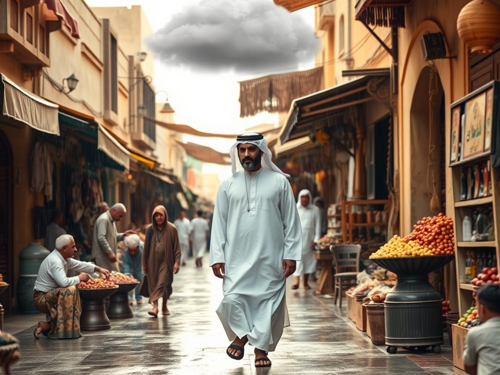 Man in white walking in Arabian market, rain above.