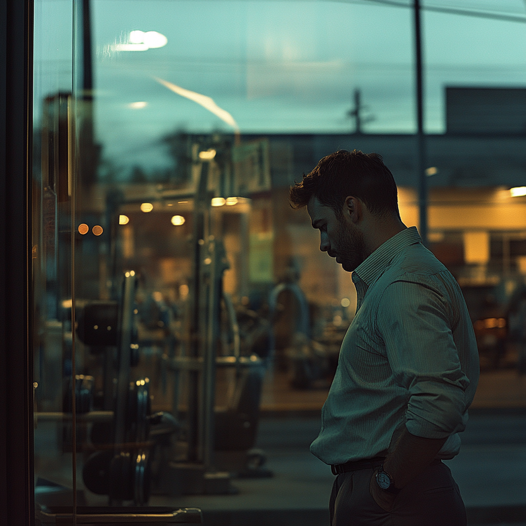 Man in work clothes looks at watch near gym.