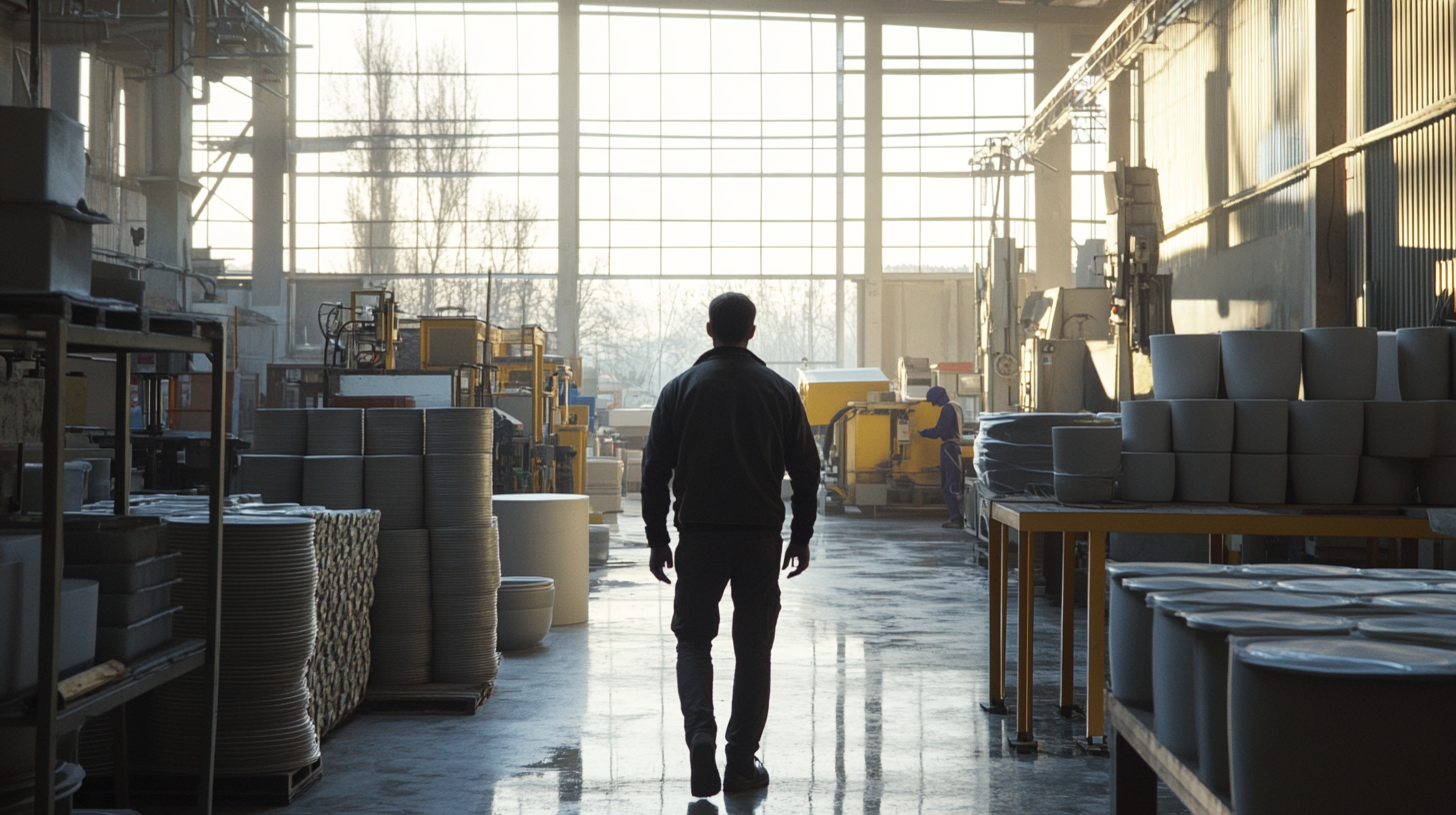 Man inspecting ceramics plant with machinery and workers.