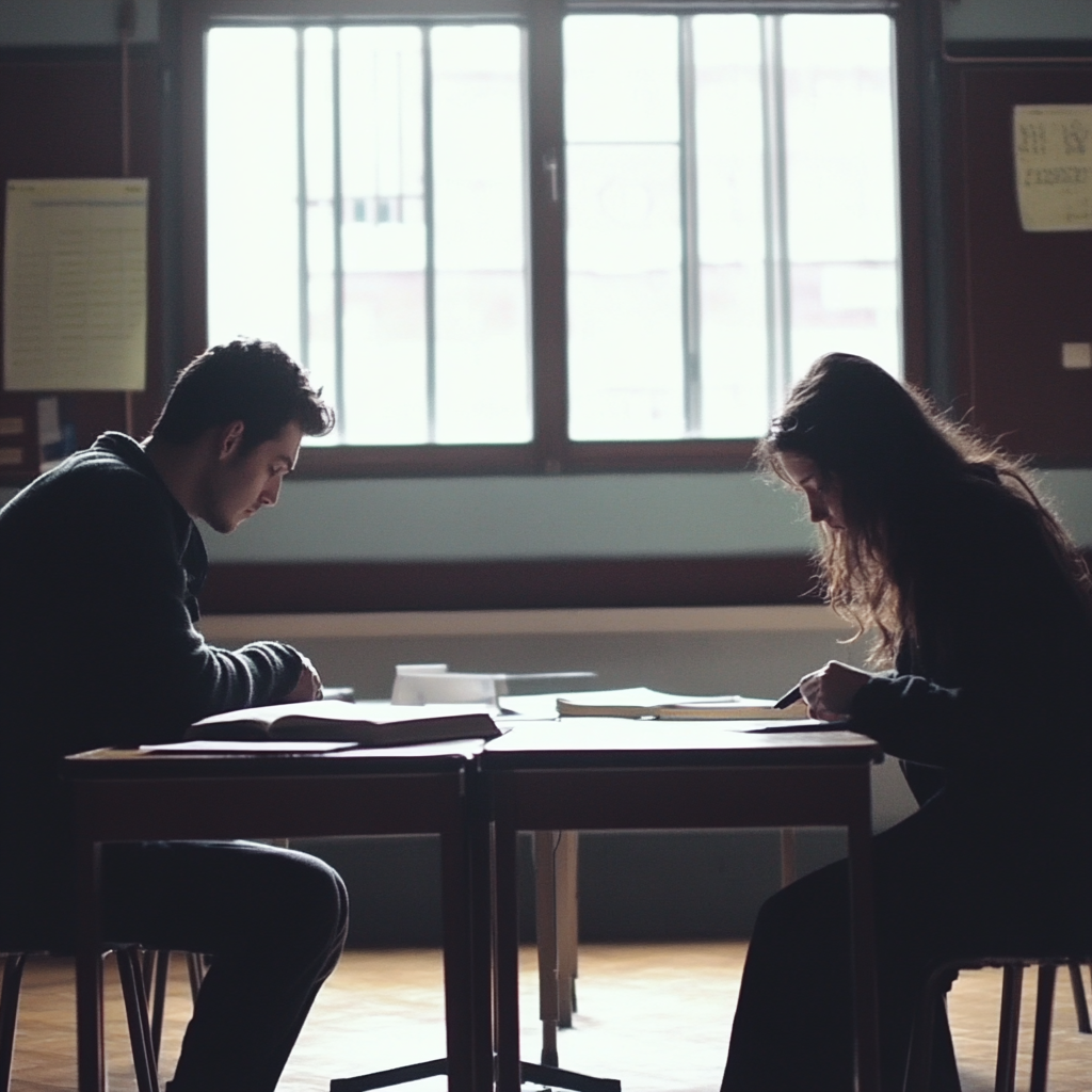 Man investigates, woman distracted in classroom due to patriarchy.