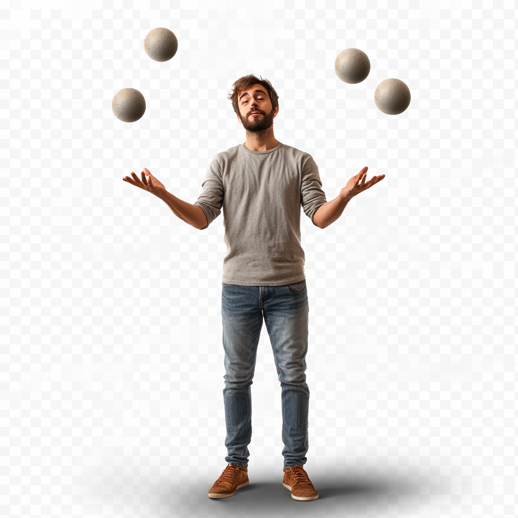 Man juggling small, medium, large balls on transparent background