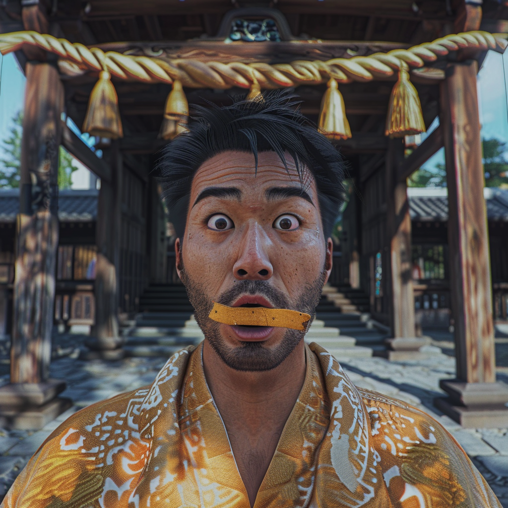 Man late for wedding in kimono with bread.