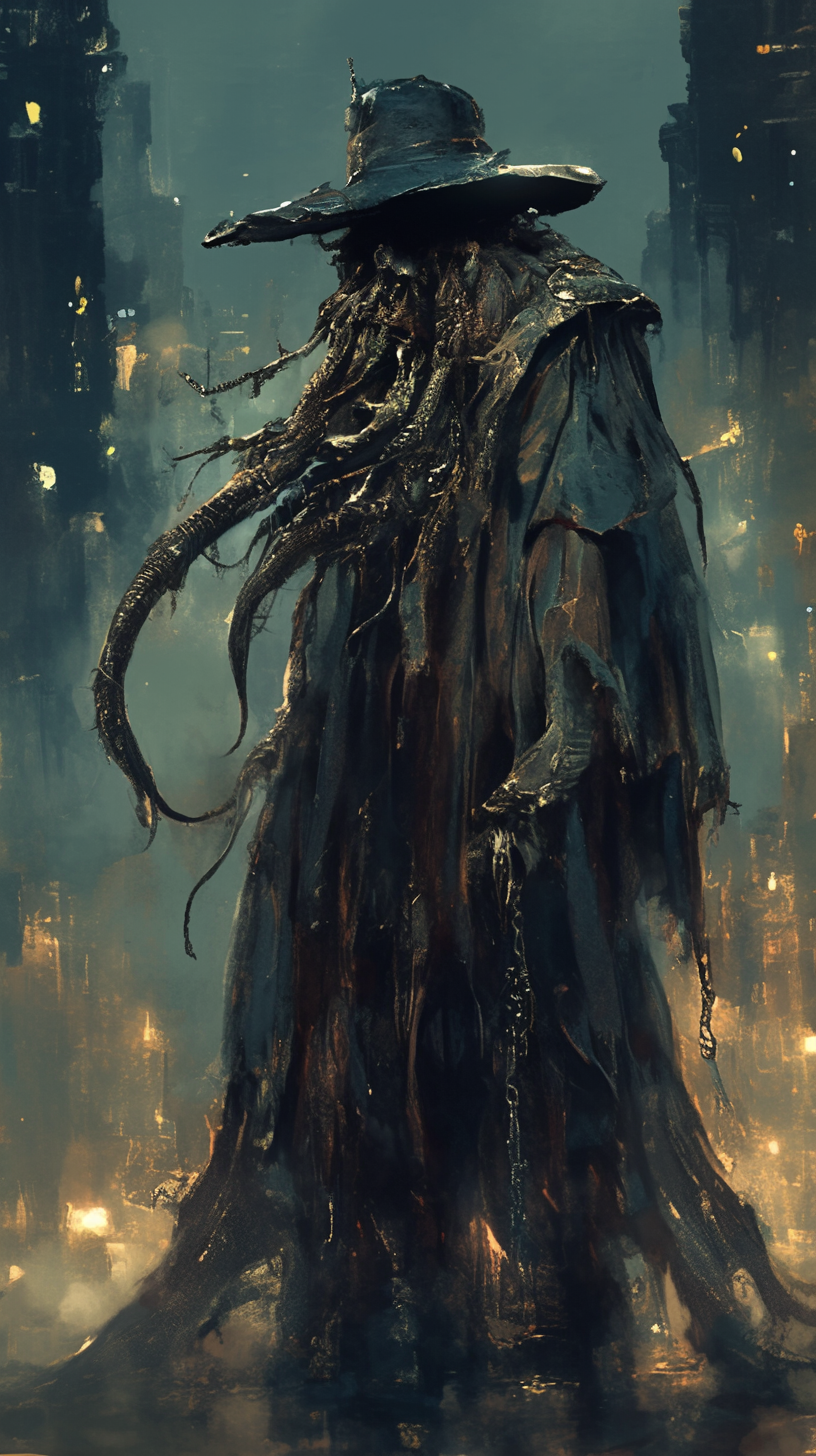 Man-like creature with tentacles, wearing giant hat, in dark city.