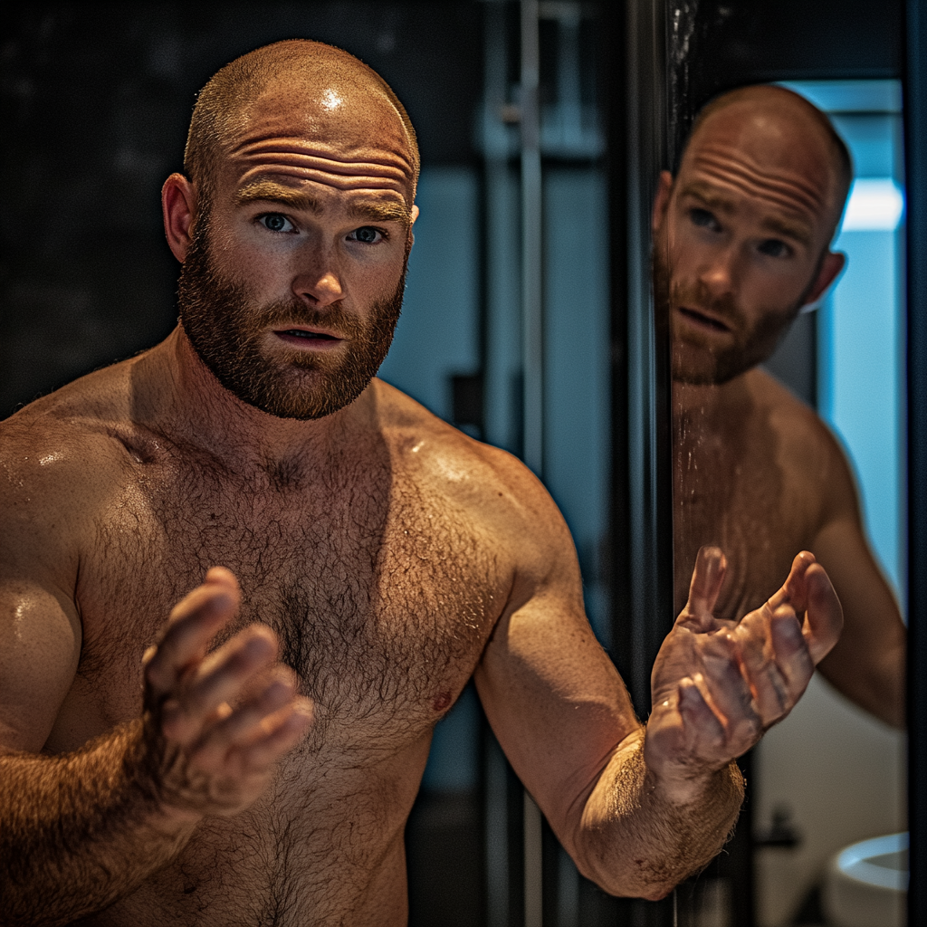 Man looking at himself shirtless in mirror with concern.