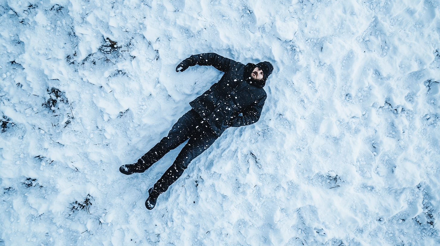 Man lying on snow, face hidden, high drone view.