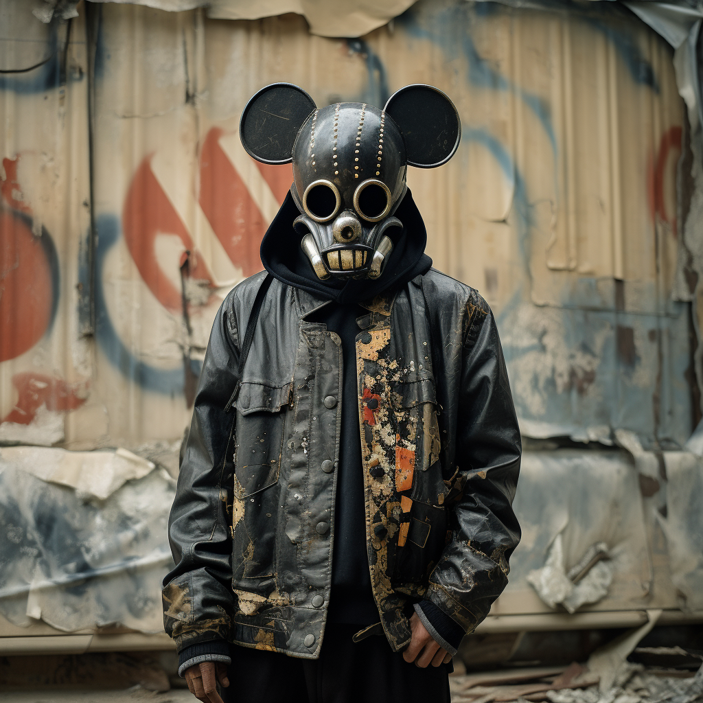 Man model in futuristic Mickey Mouse mask poses.