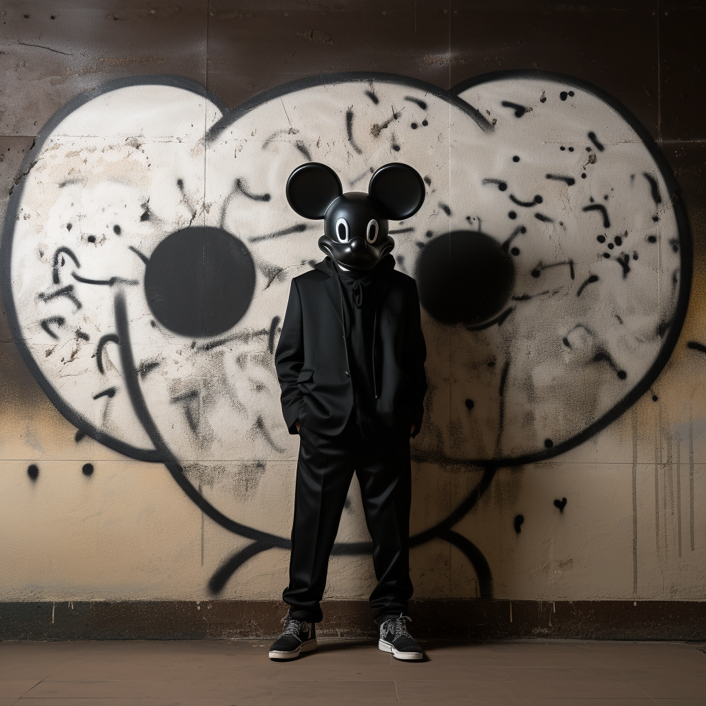 Man model in post atomic Mickey Mouse mask.