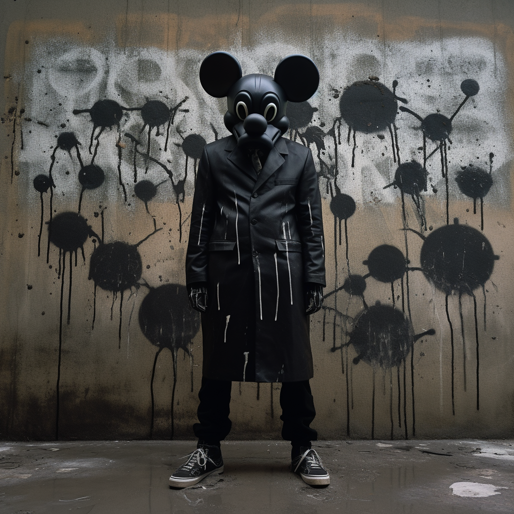 Man model wearing Mickey Mouse mask in post atomic setting.