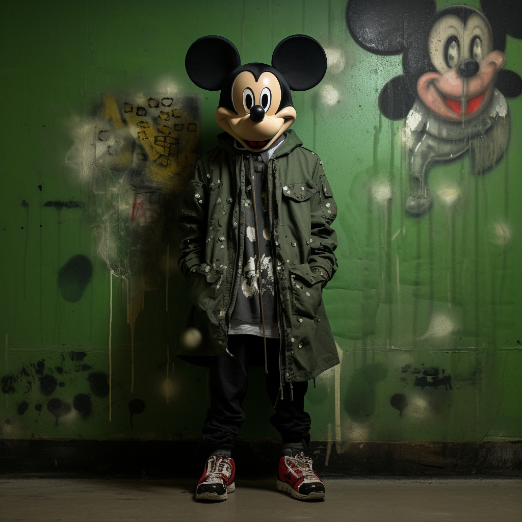 Man model wearing metal Mickey Mouse mask in ruins.