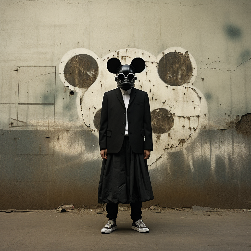 Man model wearing metal futurist Mickey Mouse mask.