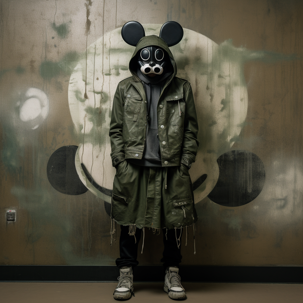 Man model with Mickey Mouse mask in post-apocalyptic setting.