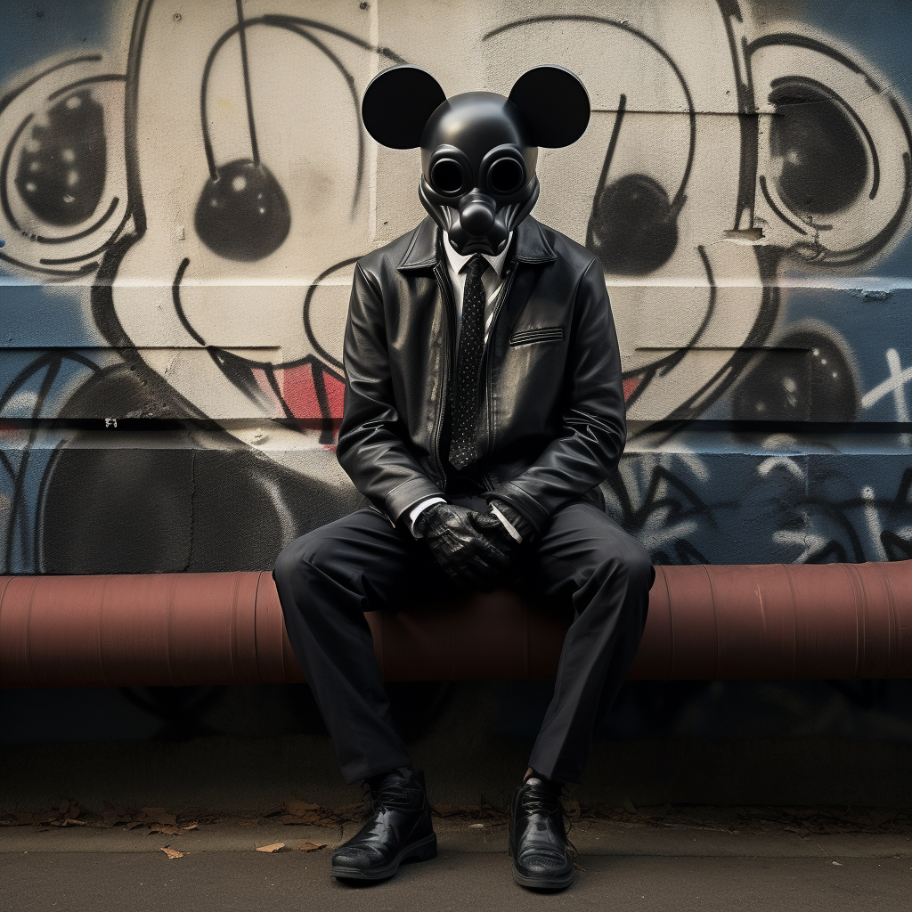 Man model with Mickey Mouse mask in vintage suit.