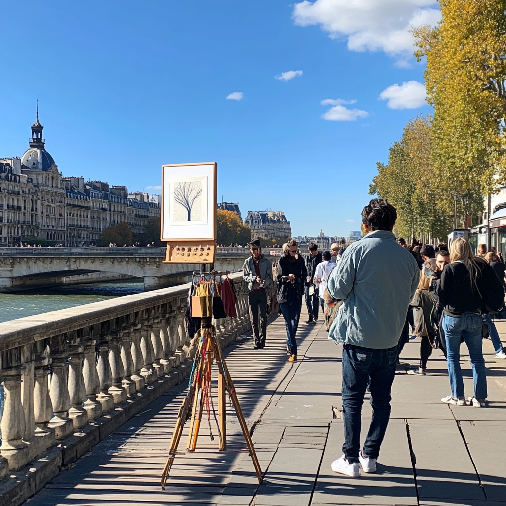 Man on Paris bridge doing embroidery show launch. Sunny.