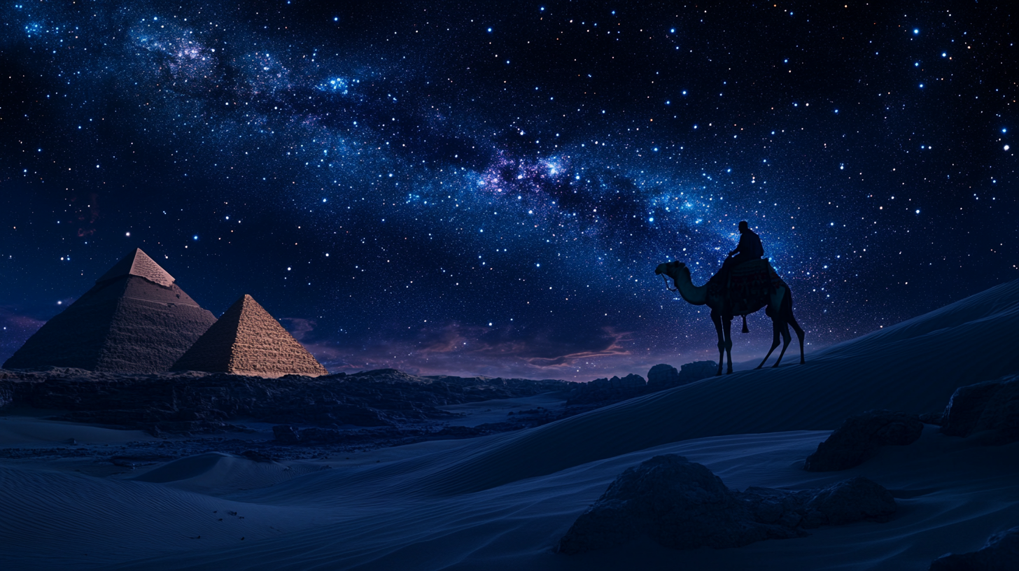 Man on camel rides through Arabian desert under night sky.