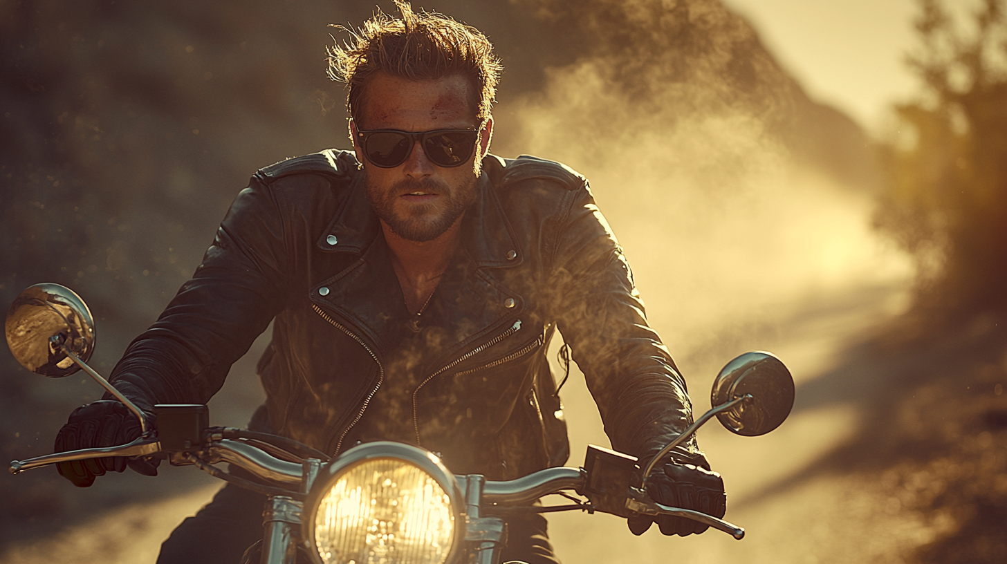 Man on cool bike in dust, leather jacket.