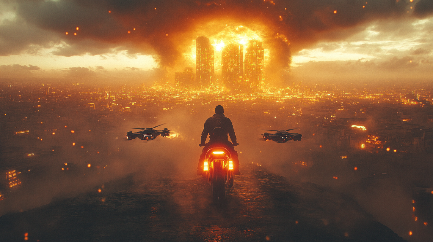 Man on hoverbike escaping drones in wasteland. City skyline barely visible, neon sky.