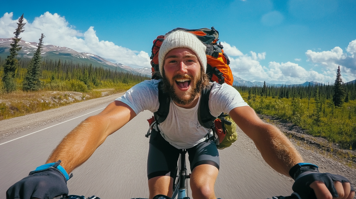 Man on road bike in cross-country race, determined face.