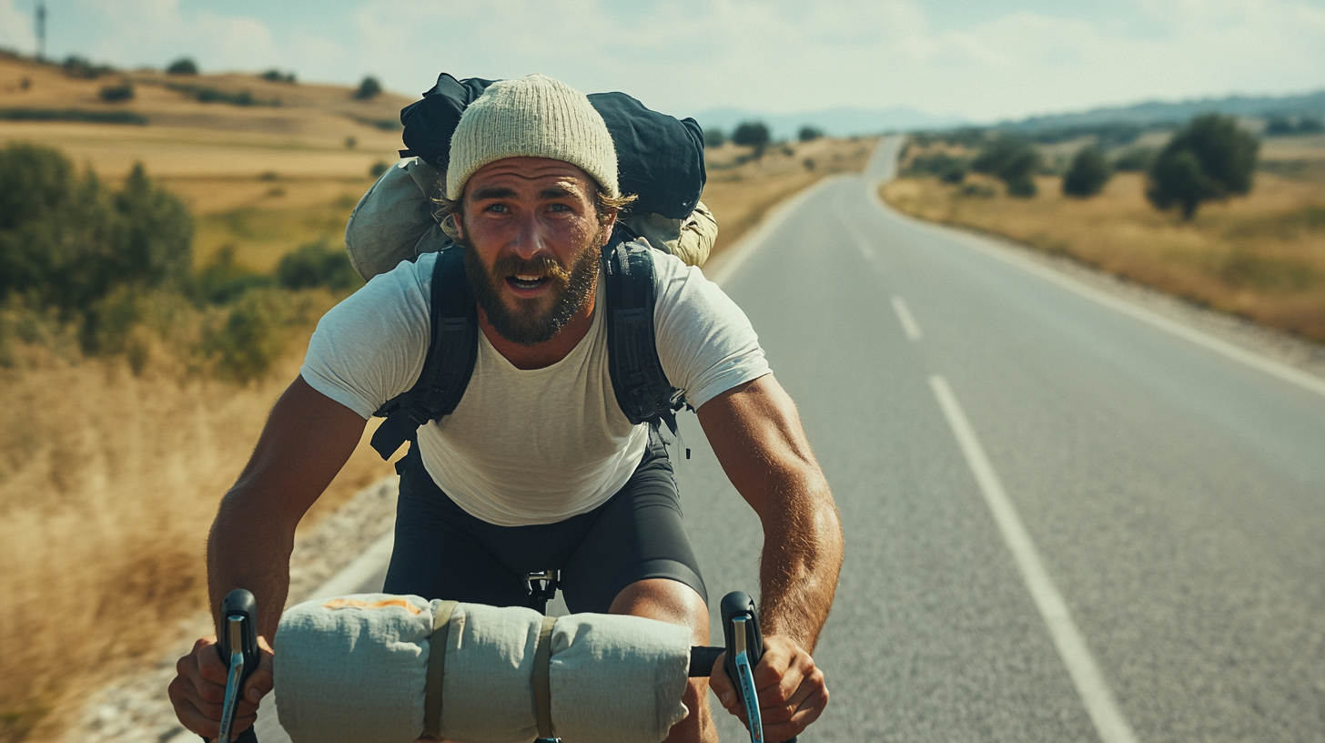 Man on road bike with determination in cross-country race.