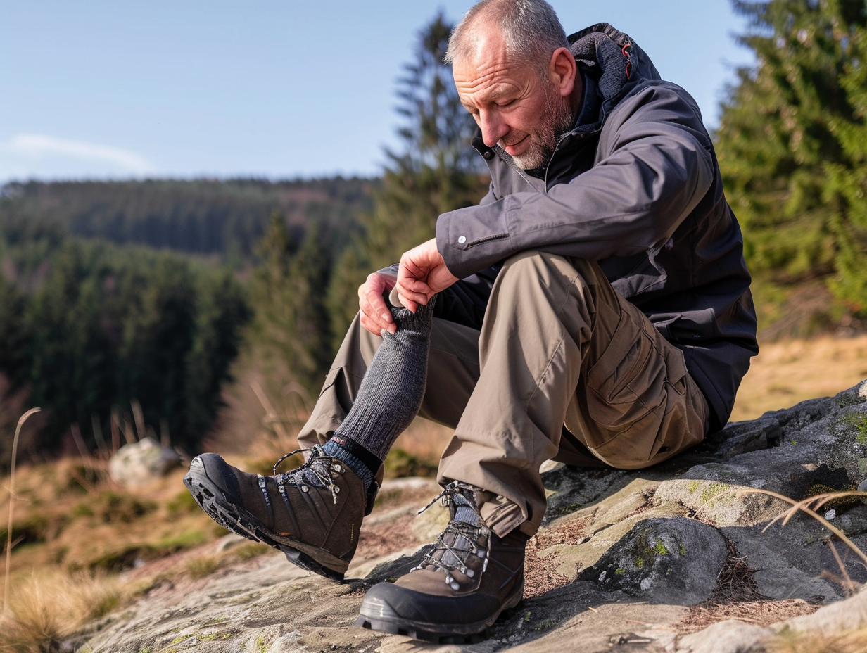 Man on rock putting on trekking socks and boots.