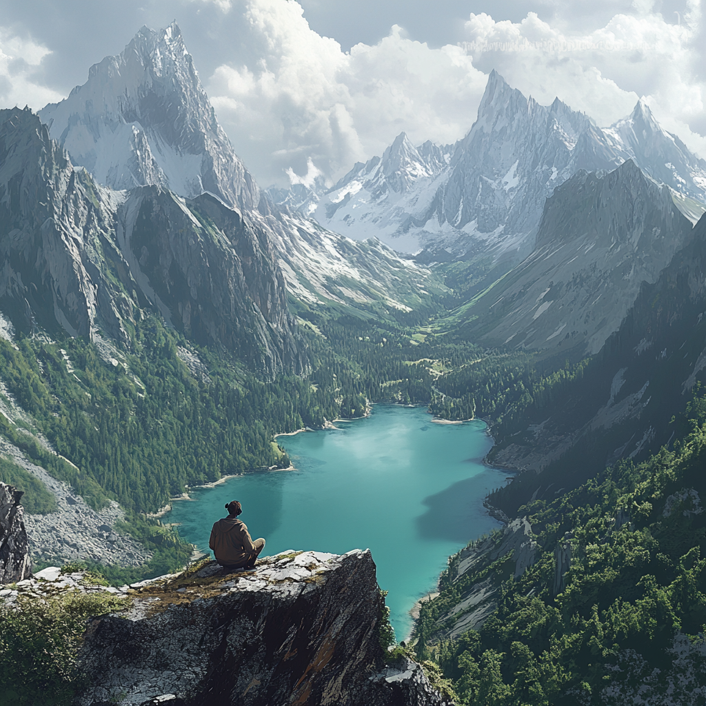 Man on rocky ledge overlooking turquoise lake and mountains.