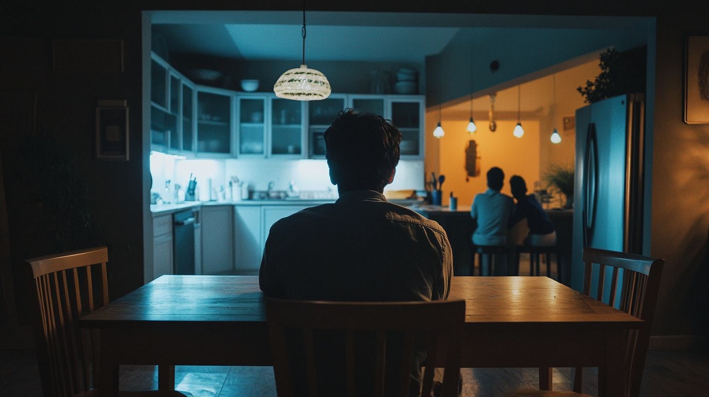 Man on the edge between darkness and light, family waiting