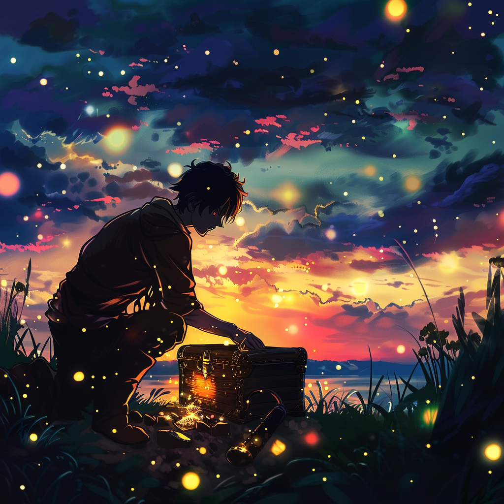 Man opening treasure chest, magical glow, anime sky.