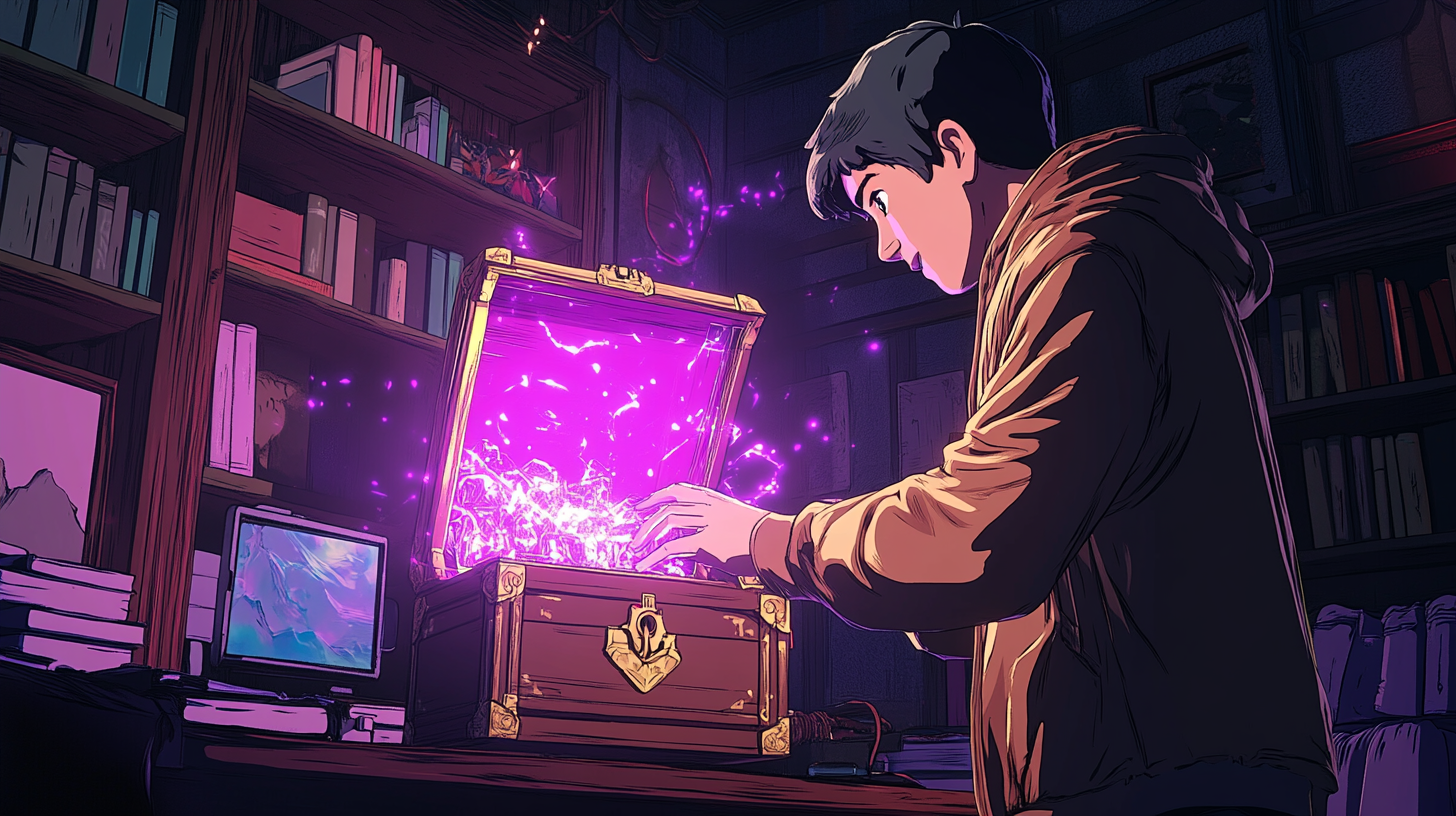 Man opening treasure chest in anime style room peaceful.