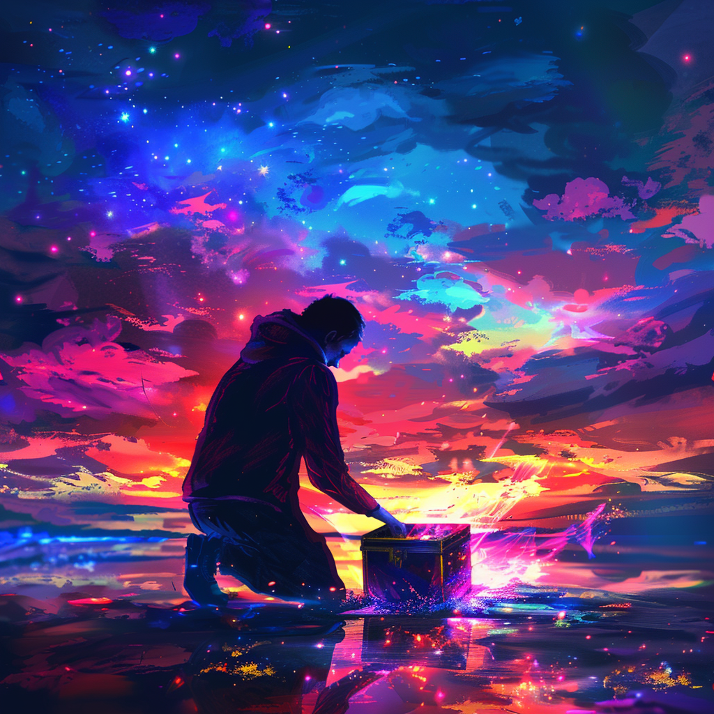 Man opens treasure chest, vibrant colors, epic sky view.