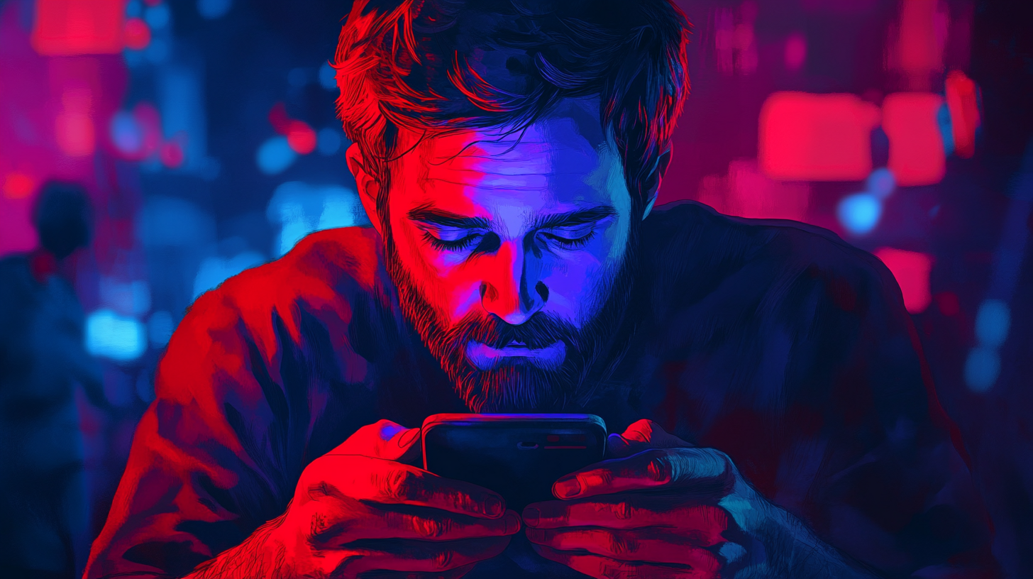 Man playing mobile game with bright colors and screen glow.