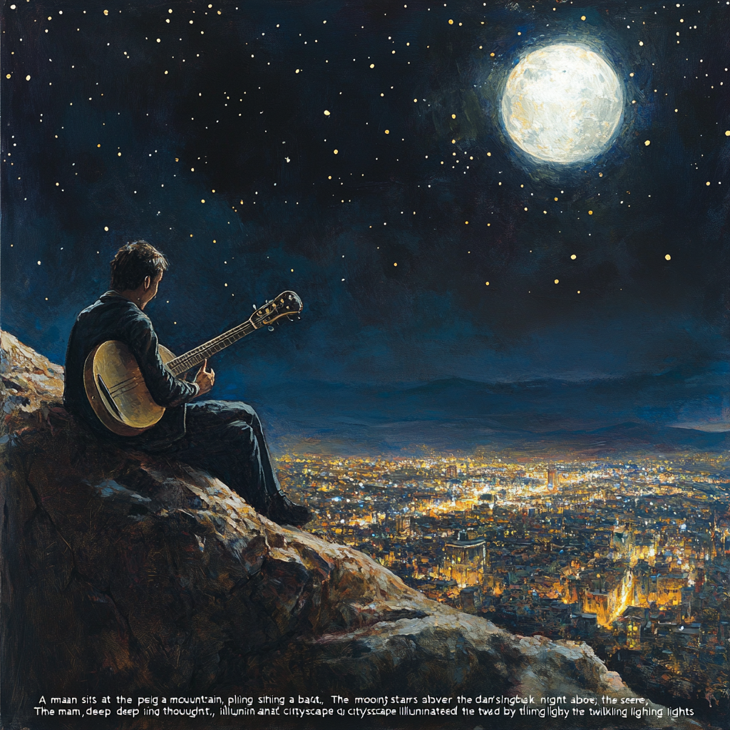 Man plays bağlama on mountain under starry night sky.