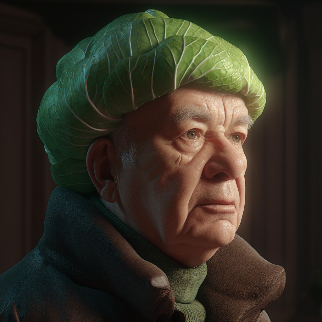 Man portrait with cabbage-shaped head in Maya rendering.