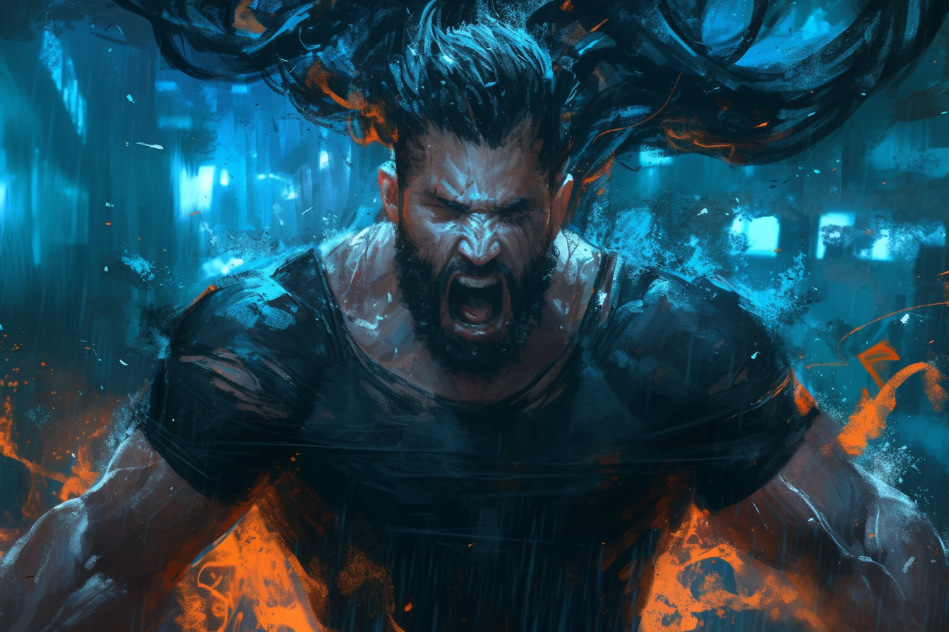 Man raging in flames, horror art, ultra detailed.