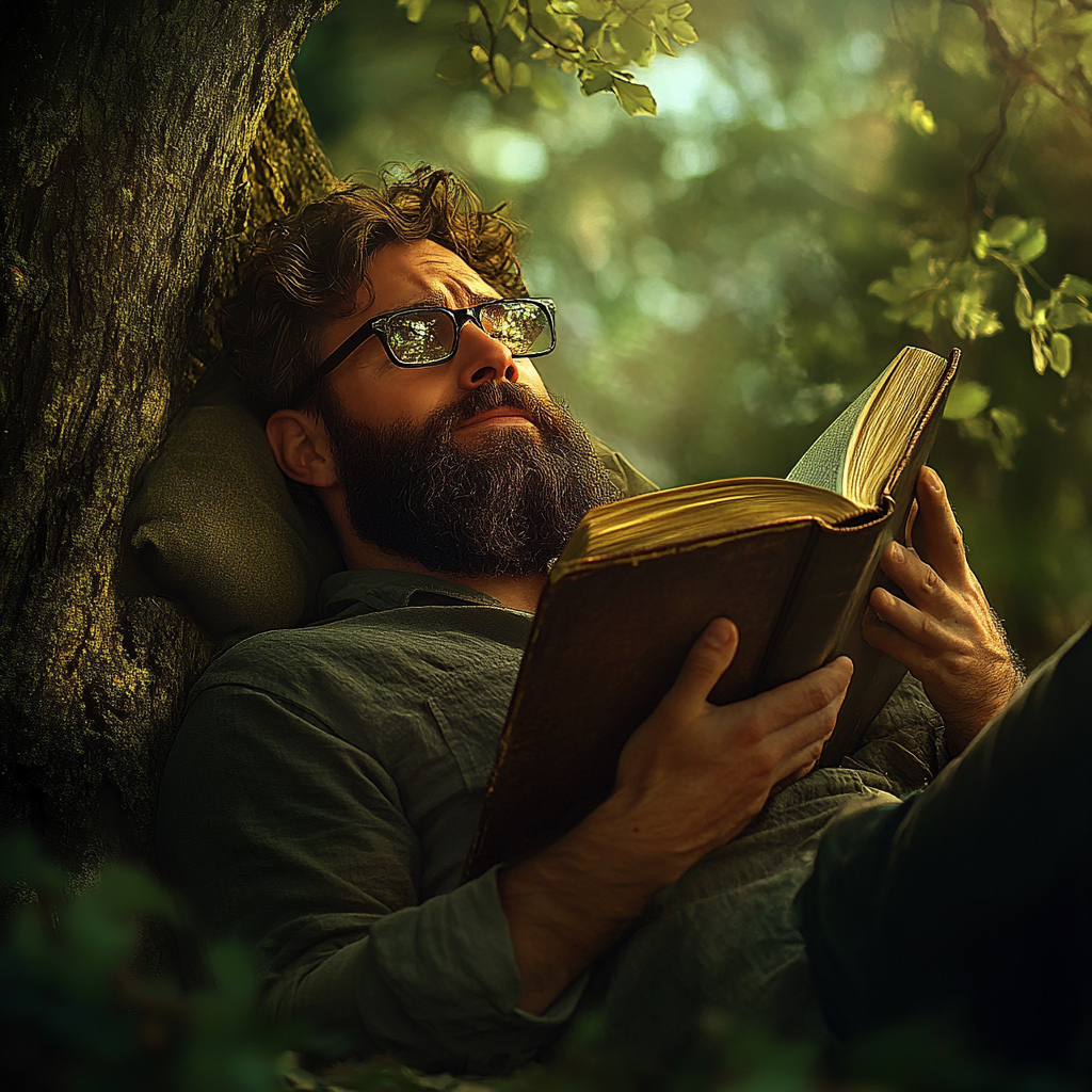 Man reading Bible under tree in nature, hyper realistic.