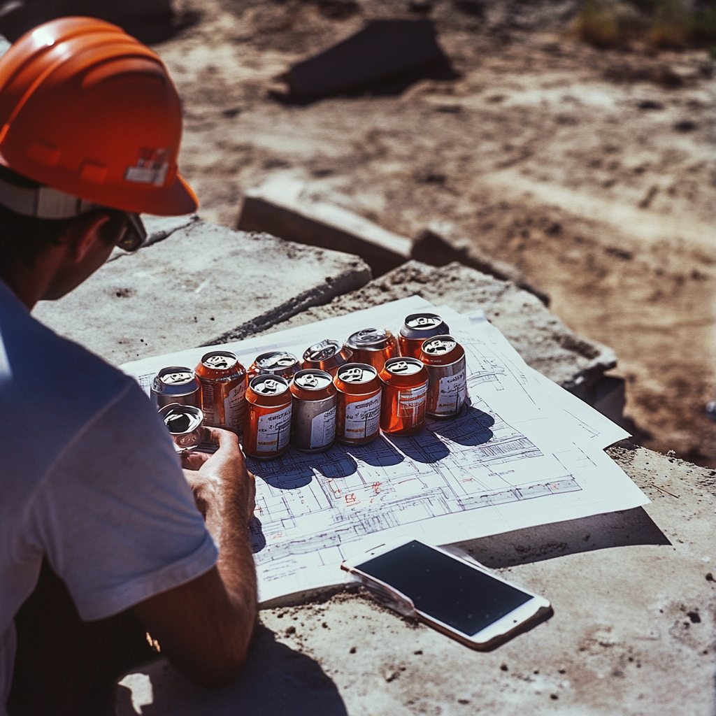 Man reading construction plans on 1970s site