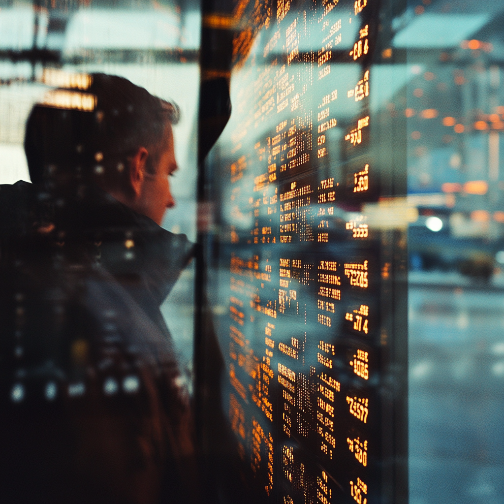 Man reflects on departure board with hopeful expression